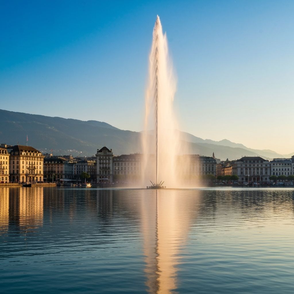 Geneva lakefront at golden hour with the Jet d'Eau fountain, the banking quarter and the Alps in the background.