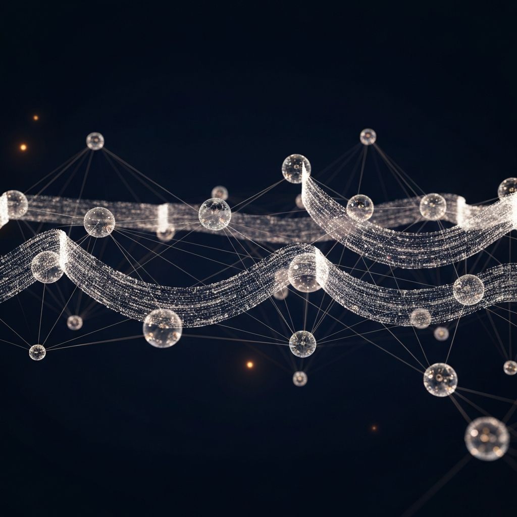 Abstract elegant visualization of an agentic AI network with flowing nodes and ribbons of data on a deep navy background.