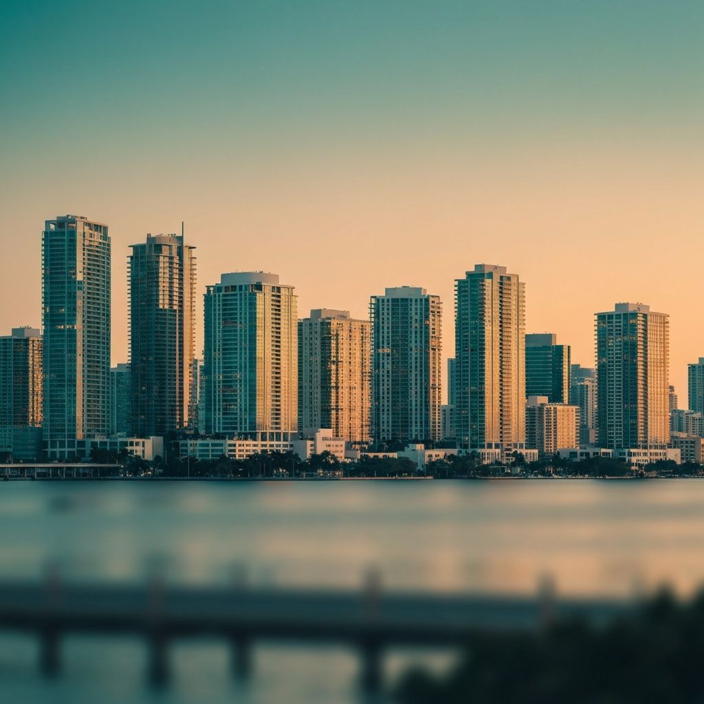 Miami Brickell financial district skyline at dusk, with banking towers reflected on Biscayne Bay.