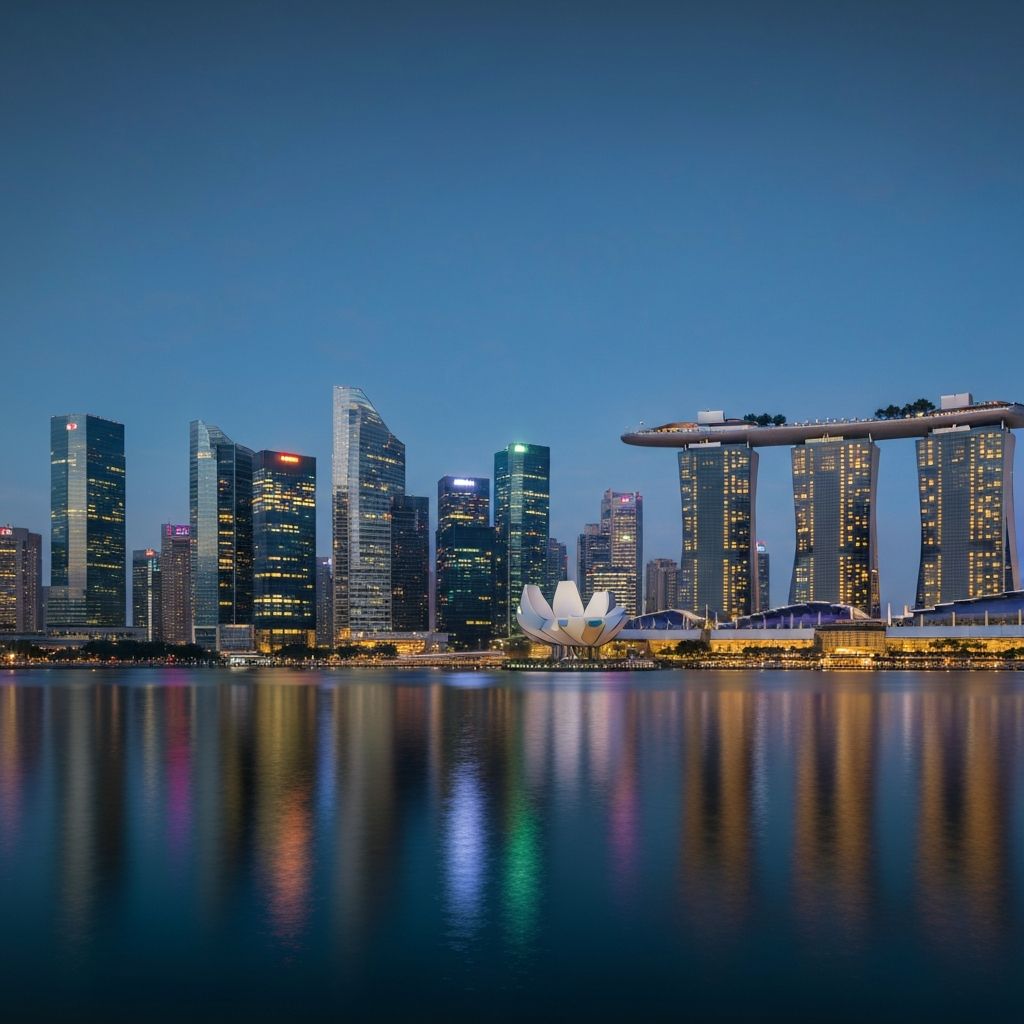 Singapore Marina Bay skyline at dusk, with the financial district's banking towers reflected on the water.