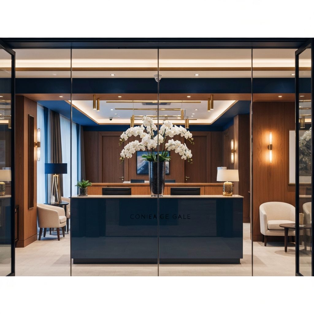 Elegant glass reception of a private banking technology company with a polished concierge desk and fresh white orchids.