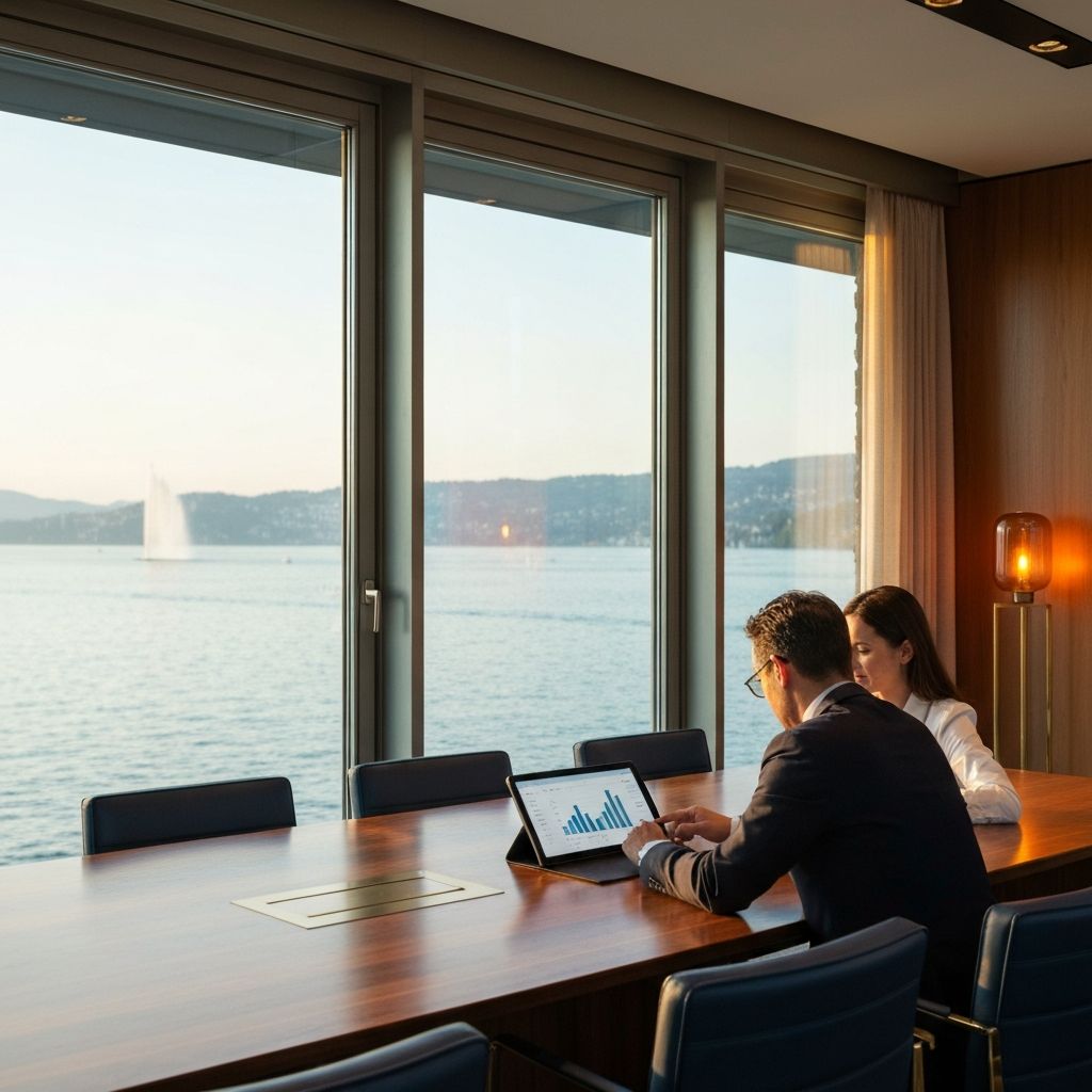 Senior relationship manager and colleague reviewing a portfolio dashboard on a tablet at a polished walnut conference table overlooking Lac Léman.