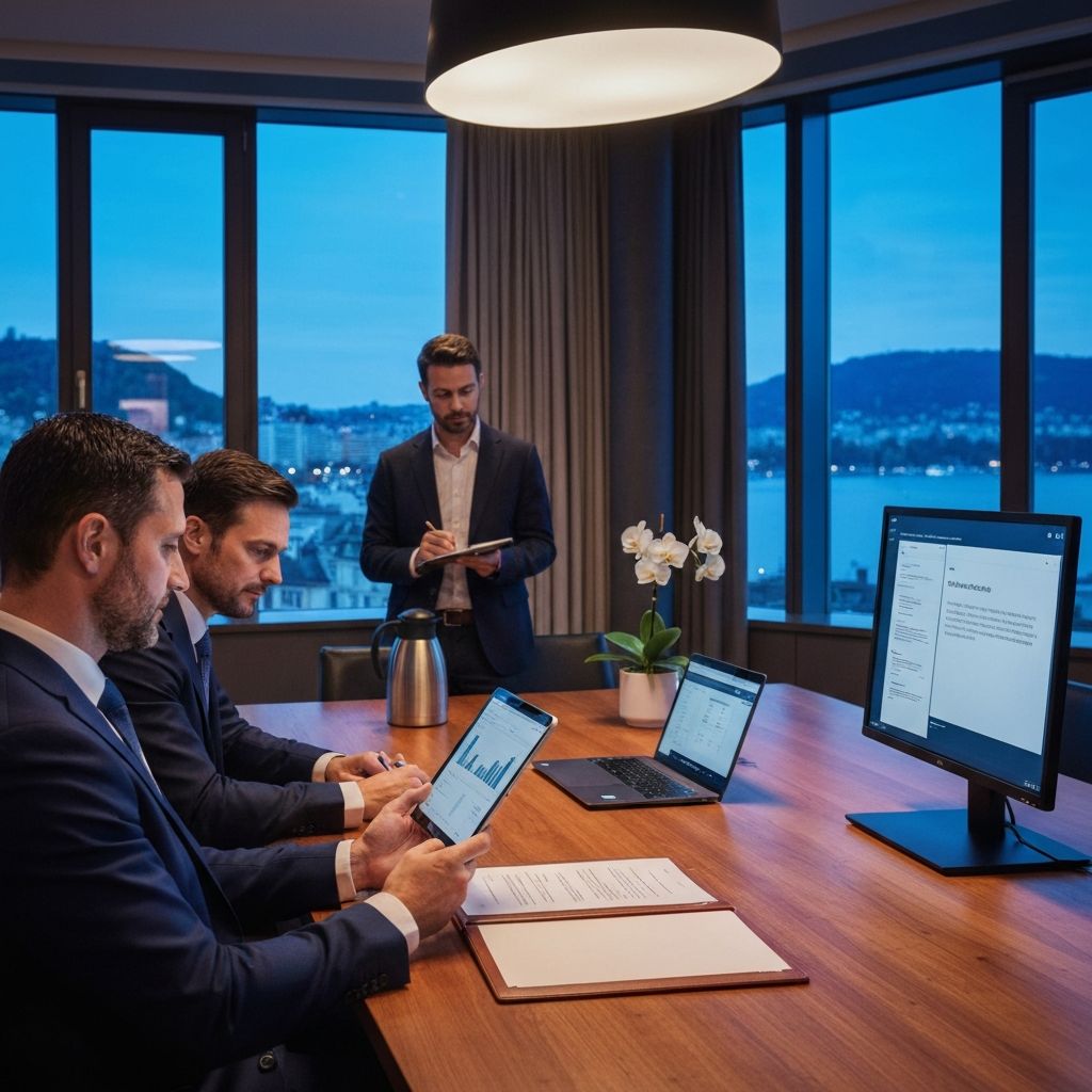 Two private bankers reviewing a portfolio dashboard in a glass-walled Geneva office overlooking Lake Geneva.