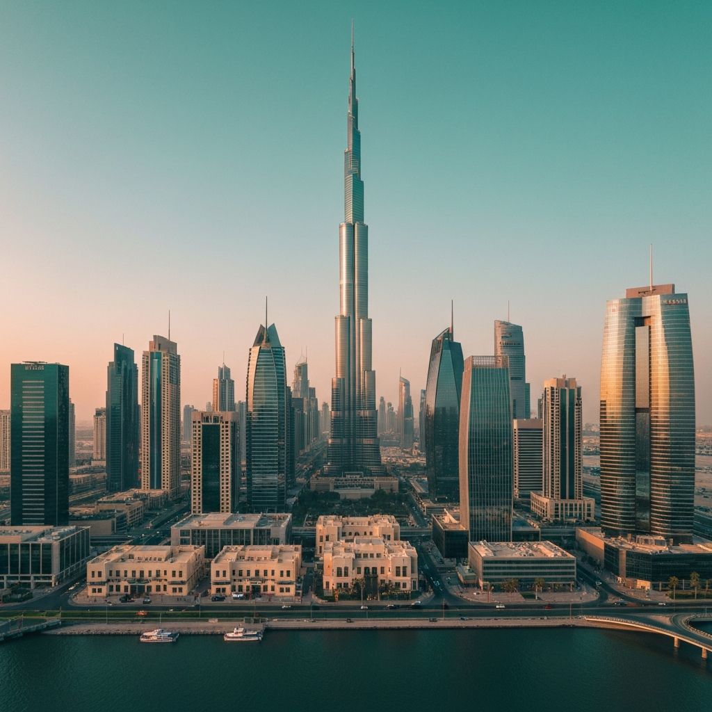 Dubai DIFC financial district skyline at golden hour, with the Gate building and modern banking towers.