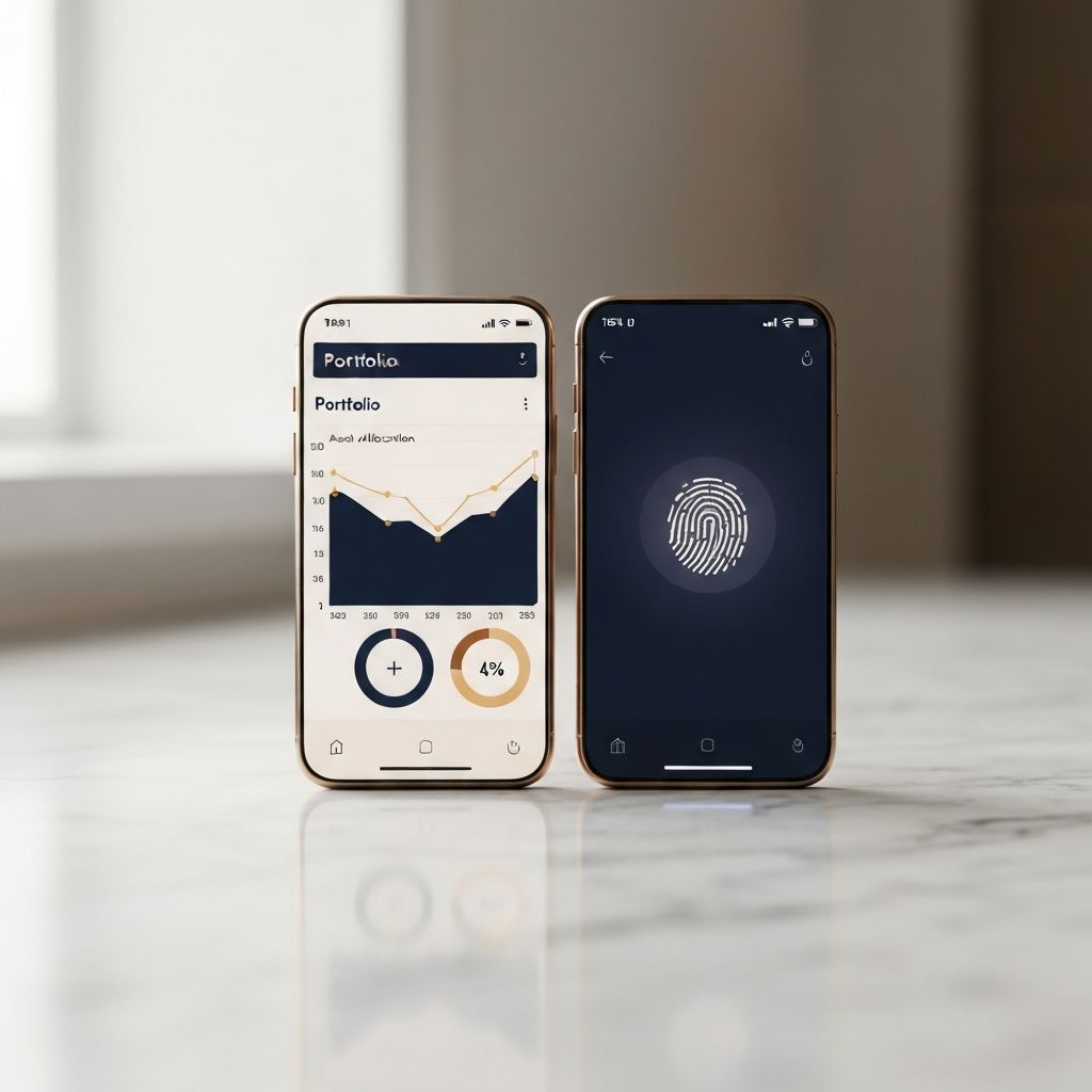 Two premium smartphones on a marble surface — one shows a private banking portfolio dashboard, the other shows a biometric authentication screen.