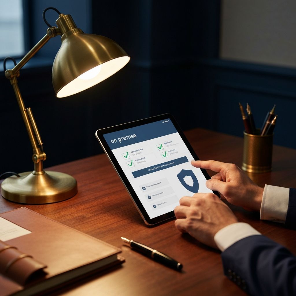 Hands holding a tablet showing a private-banking compliance and audit dashboard, on a walnut desk with a leather folder.