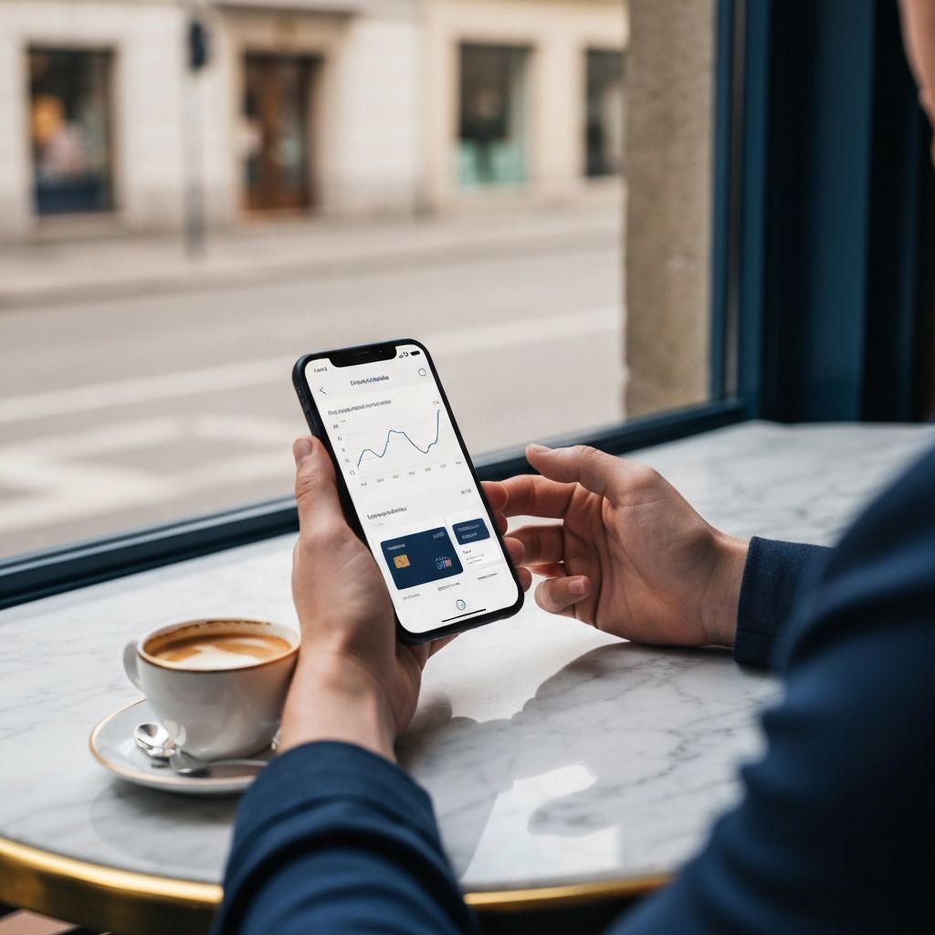 Private banking client holding a smartphone with an elegant mobile banking app showing portfolio performance and a card module.