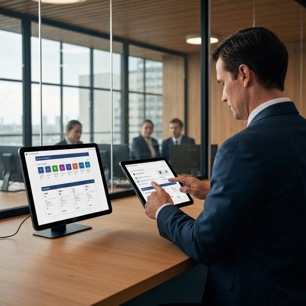 Public-sector employee securely accessing internal applications and documents on a tablet via a unified portal, with an operations team in the background.