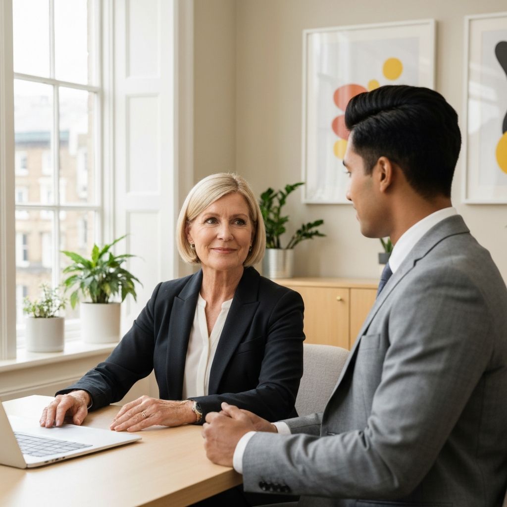Friendly job interview between a senior banking recruiter and a candidate in a bright modern Geneva office.