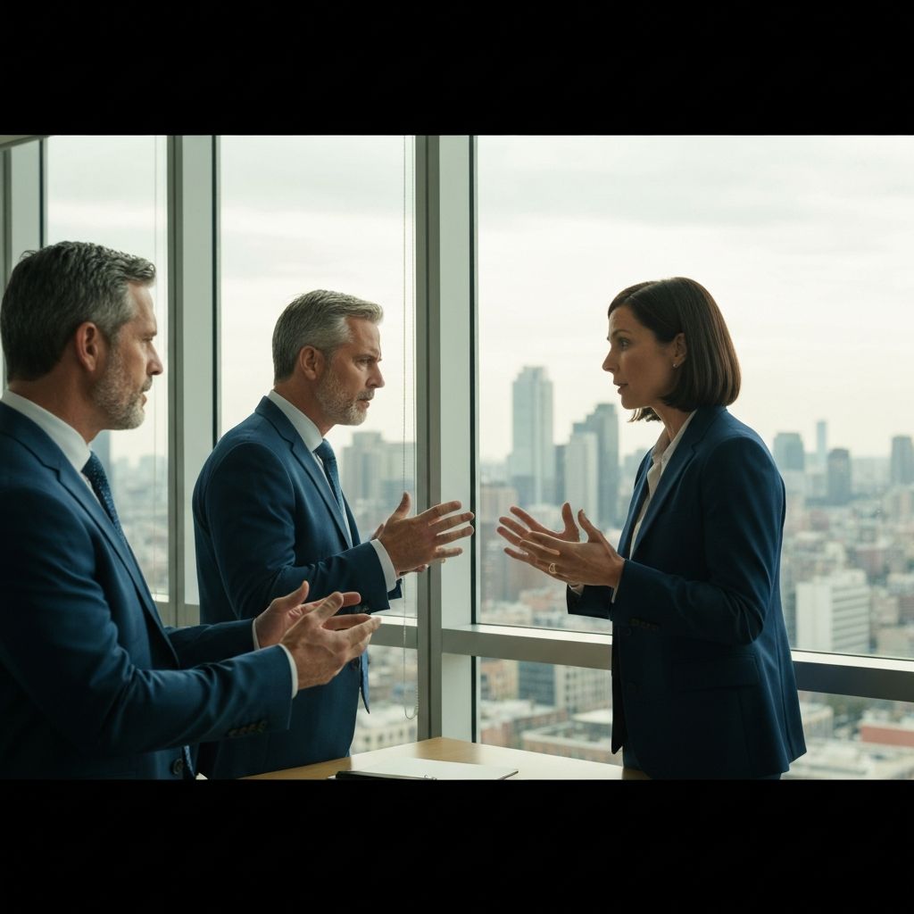 Two senior banking consultants in suits collaborating on a strategy plan in a Geneva office overlooking Lake Geneva.