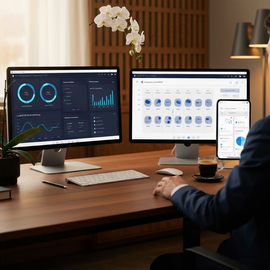 Private banker workstation with ultra-wide monitors showing modular credit, compliance and mobile banking dashboards.
