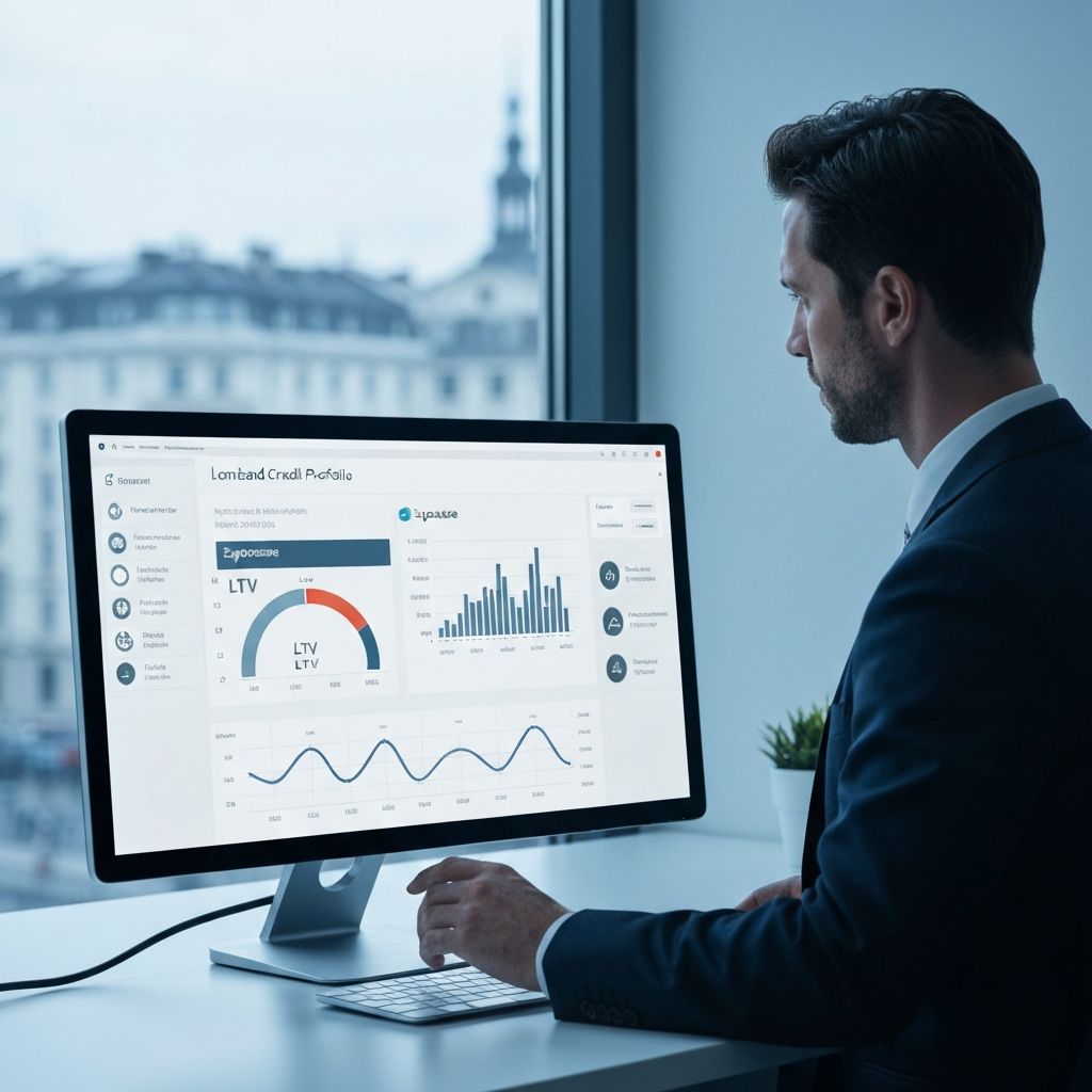 Senior credit officer reviewing a Lombard credit portfolio dashboard with LTV gauges and risk alerts.