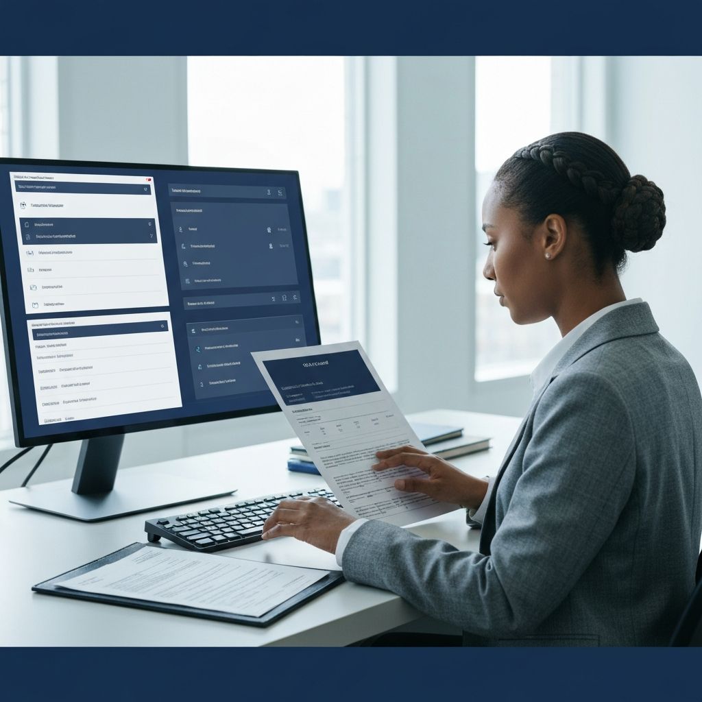 Compliance officer reviewing a client due-diligence dossier with KYC documents and sanctions screening on screen.