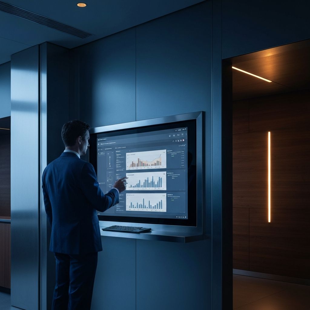 Swiss bank secure operations centre at dusk, banker reviewing layered security dashboards on a large glass touchscreen.