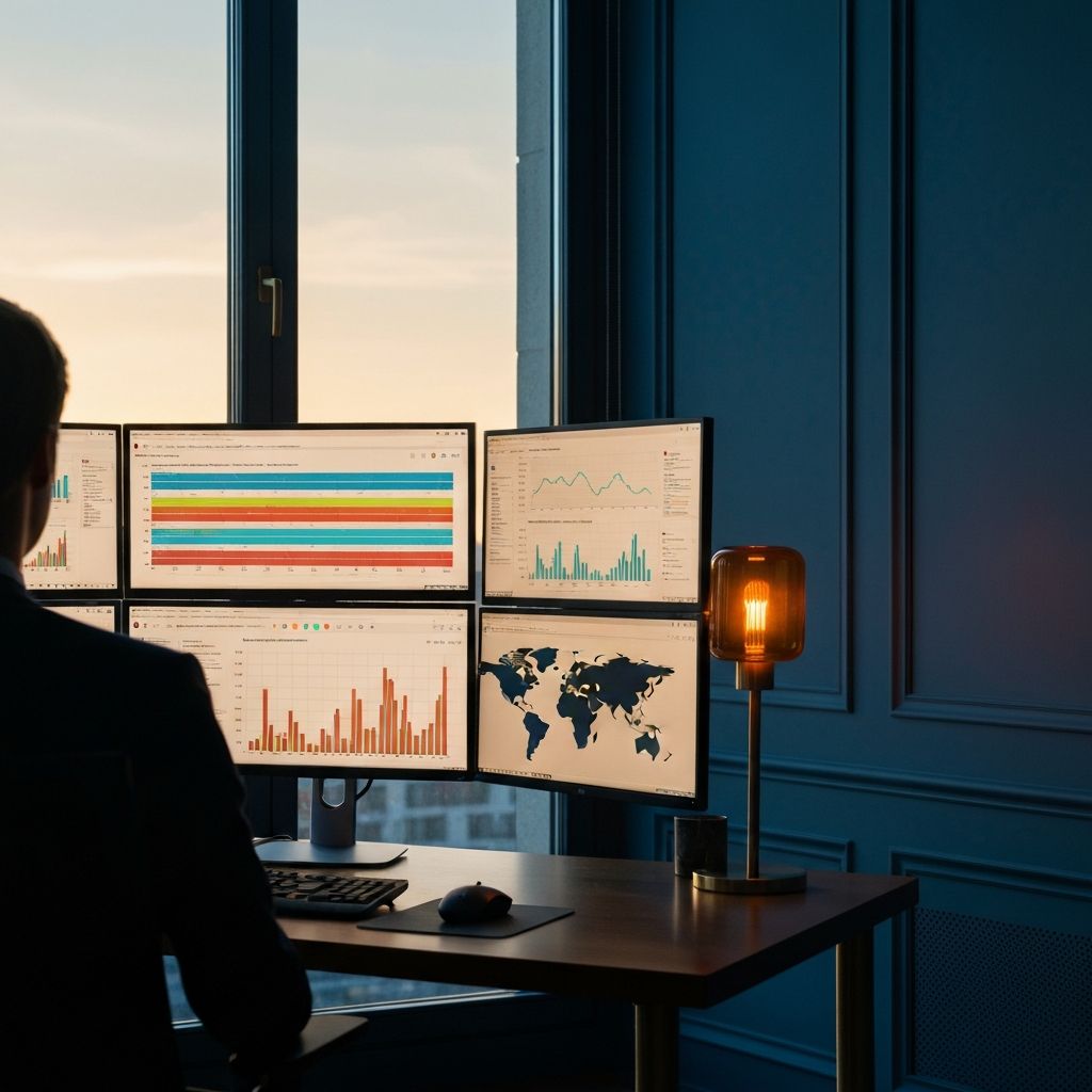 Private wealth manager's desk at dawn with multi-monitor portfolio analytics in a Geneva high-rise.