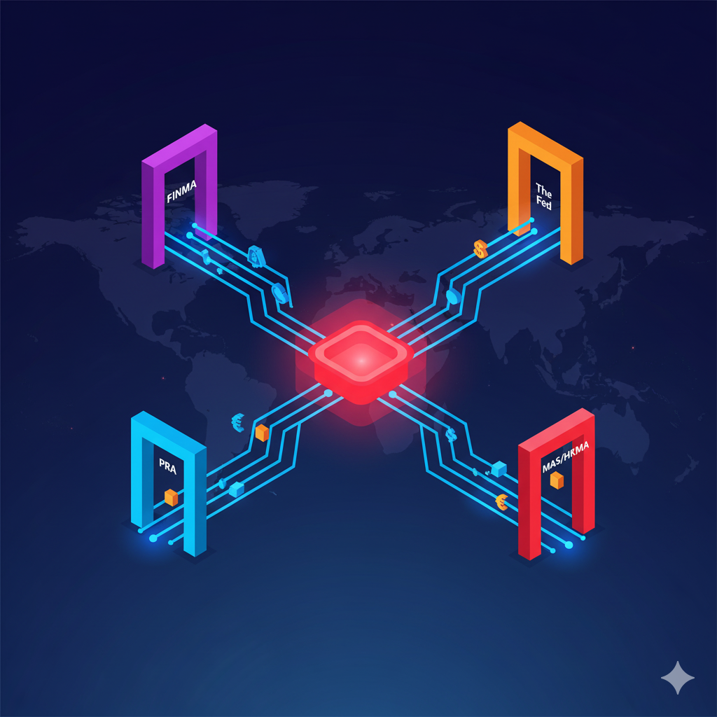Abstract illustration showing a central glowing red core (SpeciTec) emitting data flows towards four distinct, brightly colored portals labeled FINMA, The Fed, PRA, and MAS/HKMA, each representing a global financial regulator. The data streams contain subtle icons of money and financial assets, symbolizing Lombard lending flowing through different regulatory frameworks, guided by technology.