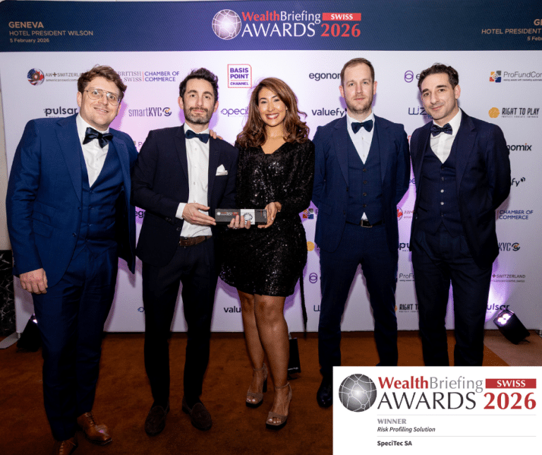 SpeciTec team holding the WealthBriefing Swiss Awards 2026 winner banner for Risk Profiling Solution