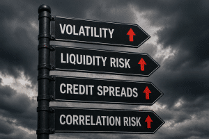 Stormy signpost showing volatility, liquidity risk, credit spreads, and correlation risk as key collateral stress factors.