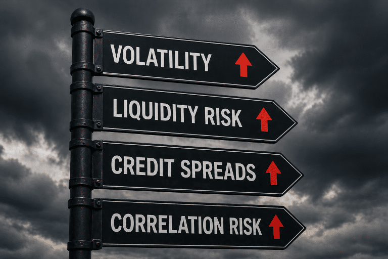 Stormy signpost showing volatility, liquidity risk, credit spreads, and correlation risk as key collateral stress factors.