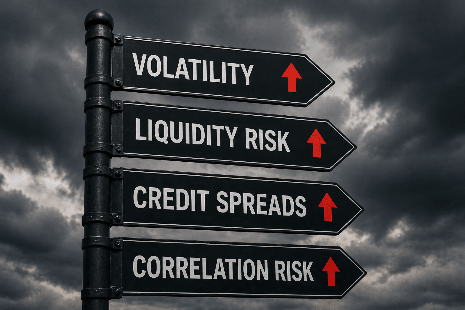 Stormy signpost showing volatility, liquidity risk, credit spreads, and correlation risk as key collateral stress factors.